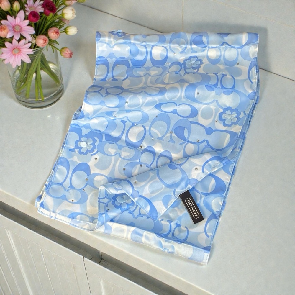 Coach 100% Silk Blue and White Floral Patterned Rhinestone Scarf. EUC.